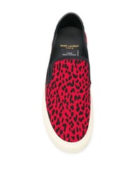 Baskets à enfiler en toile imprimées léopard rouge et noir Saint Laurent