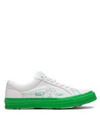 Baskets basses en cuir blanc et vert Converse