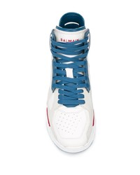 Baskets montantes en cuir blanc et bleu marine Balmain