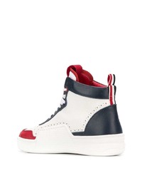 Baskets montantes en cuir blanc et bleu marine Thom Browne