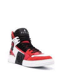 Baskets montantes en cuir blanc et rouge Philipp Plein