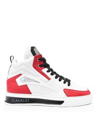 Baskets montantes en cuir blanc et rouge Roberto Cavalli