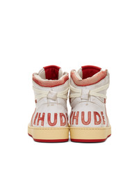 Baskets montantes en cuir blanc et rouge Rhude