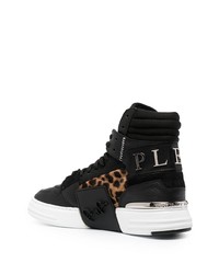 Baskets montantes en cuir imprimées léopard noires Philipp Plein