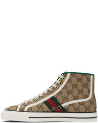 Baskets montantes en toile imprimées marron clair Gucci