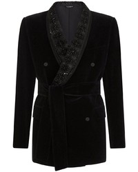 Blazer croisé en velours brodé noir