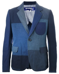 Blazer en lin à patchwork bleu