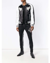 Blouson aviateur brodé noir et blanc Balmain