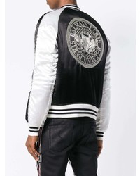 Blouson aviateur brodé noir et blanc Balmain