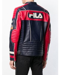 Blouson aviateur en cuir imprimé bleu marine Fila