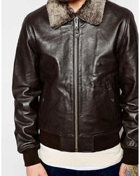 Blouson aviateur en cuir marron foncé Schott