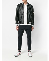 Blouson aviateur en cuir noir et blanc Cavalli Class