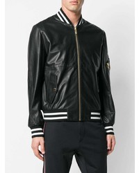 Blouson aviateur en cuir noir et blanc Cavalli Class