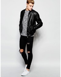 Blouson aviateur en cuir noir Solid