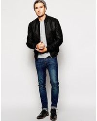 Blouson aviateur en cuir noir Solid