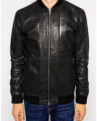 Blouson aviateur en cuir noir Selected