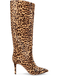 Bottes hauteur genou en cuir imprimées léopard marron clair
