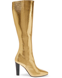 Bottes hauteur genou en cuir imprimées serpent dorées Saint Laurent