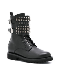 Bottines plates à lacets en cuir à clous noires Philipp Plein