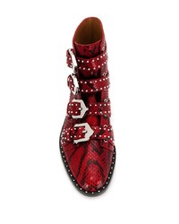 Bottines plates à lacets en cuir imprimées serpent rouges Givenchy