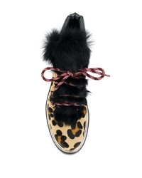 Bottines plates à lacets en poils de veau imprimées léopard marron clair Pollini