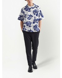 Chemise à manches courtes à fleurs blanc et bleu marine Prada
