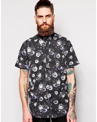 Chemise à manches courtes à fleurs noire et blanche