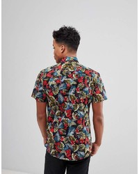 Chemise à manches courtes à fleurs noire