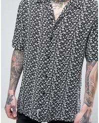 Chemise à manches courtes à fleurs noire