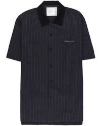 Chemise à manches courtes à rayures verticales bleu marine Sacai