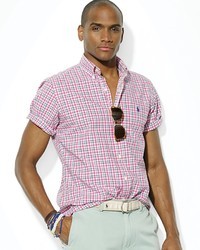 Chemise à manches courtes blanc et rose