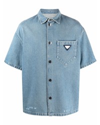 Chemise à manches courtes en denim bleu clair Prada