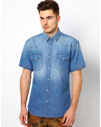 Chemise à manches courtes en denim bleue Selected