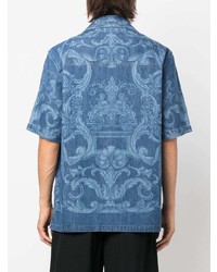 Chemise à manches courtes en denim imprimée bleu marine Versace