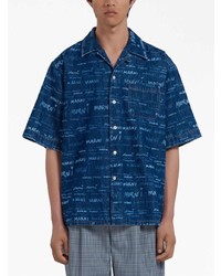 Chemise à manches courtes en denim imprimée bleu marine Marni