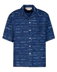 Chemise à manches courtes en denim imprimée bleu marine Marni