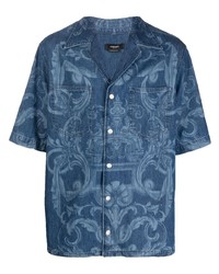 Chemise à manches courtes en denim imprimée bleu marine Versace
