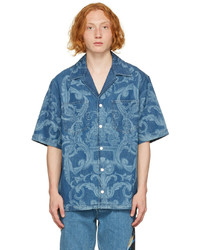 Chemise à manches courtes en denim imprimée bleue Versace