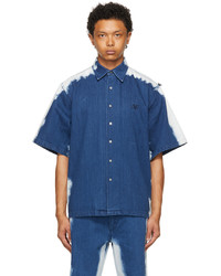 Chemise à manches courtes en denim imprimée tie-dye bleu marine