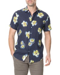 Chemise à manches courtes en lin à fleurs bleu marine