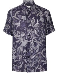 Chemise à manches courtes en lin à fleurs bleu marine Etro