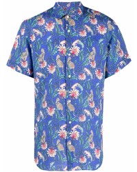 Chemise à manches courtes en lin à fleurs bleue