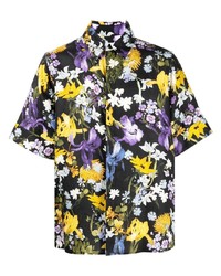 Chemise à manches courtes en lin à fleurs noire Erdem