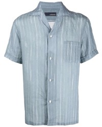 Chemise à manches courtes en lin à rayures verticales bleu clair Lardini