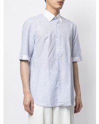 Chemise à manches courtes en lin à rayures verticales bleu clair Stefano Ricci