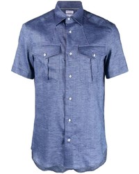 Chemise à manches courtes en lin bleu clair Brunello Cucinelli