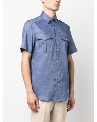 Chemise à manches courtes en lin bleu clair Brunello Cucinelli