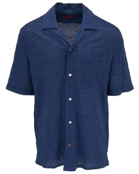 Chemise à manches courtes en lin bleu marine Isaia