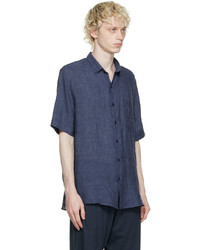 Chemise à manches courtes en lin bleu marine Sunspel