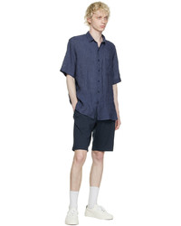 Chemise à manches courtes en lin bleu marine Sunspel